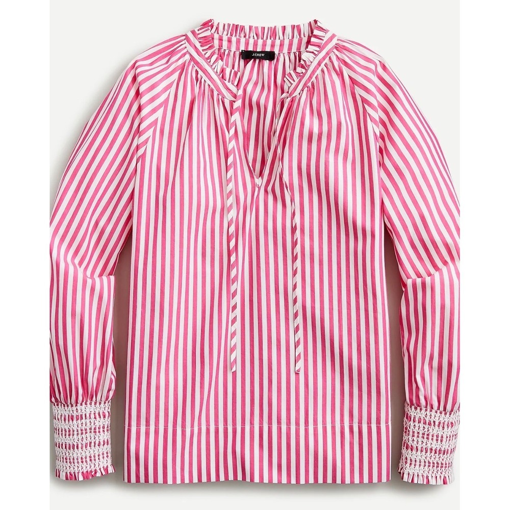 J.Crew Popover Top Stripe Pink White XS Cotton Blouse preppy dainty whimsy resor